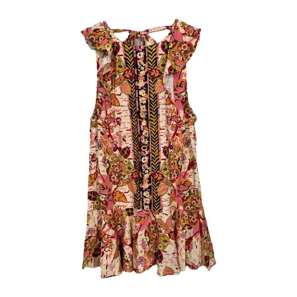 Free People Tulum Printed Linen Tunic Top Small Pink Sleeveless Ruffle Boho - Picture 2 of 8